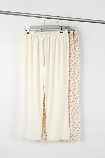 Trendyol Curve Beige-Mehrfarbiges 2er-Pack Pyjamahose aus Viskose mit Croissant-Muster