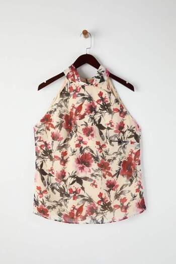 Trendyol Curve Multi-Colored Stand Collar Shawl Detail Floral Chiffon Woven Plus Size Blouse Tbbaw26Af00071