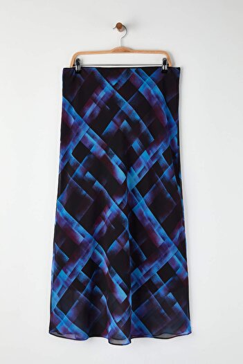 Trendyol Curve Multi-Colored*001 Chiffon Midi Plaid/Checkered Woven Plus Size Skirt Tbbaw26Az00044