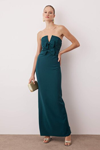 Trendyol Collection Βραδινό φόρεμα αποφοίτησης με φιόγκο χωρίς στράπλες, υφαντό μάξι, κομψό βραδινό φόρεμα αποφοίτησης TPRSS24AE00073