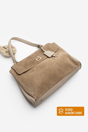 Marjin Women's Genuine Leather Lock Detailed Charm Hand and Shoulder Bag Rinyas Mink Suede