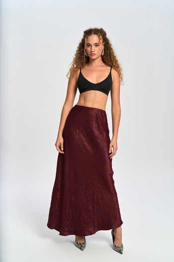 BOHEMAİ Eubah Wrinkled Long Burgundy Satin Skirt