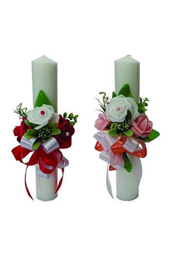 OEM Set of 2 Wedding Candles diameter 6 cm, length 35 cm decorated with latex roses and satin ribbons