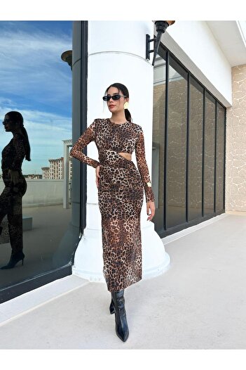 Glysso Özel Tasarım Cut Out Bel Dekolteli Yırtmaçlı Leopar Maxi Tül Elbise