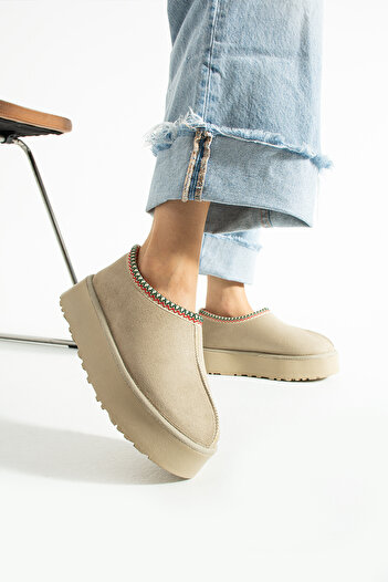 Moda Devrin Beige Suede Wool Inside Thick Sole Ankle Boots Shoes