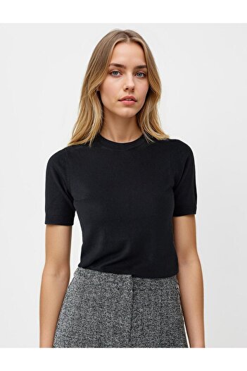 Jimmy Key Black Round Neck Short Sleeve Wool Blend Knitwear Sweater