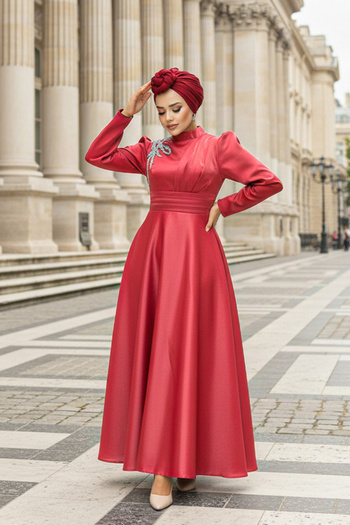 Neva Style Satin Red Hijab Evening Dress 22301K