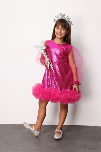Le Mabelle Fuchsia Sequin Hem Tulle Girls' Dress - Balenca