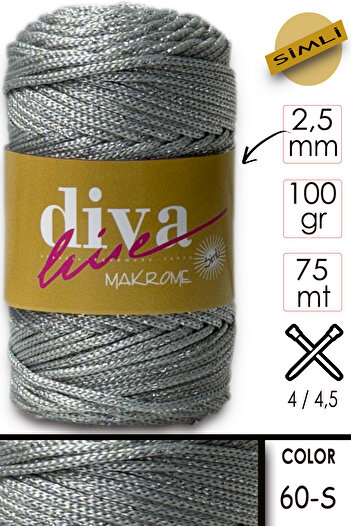 Diva İplik Diva Macrame Σχοινί Glitter Ασημί δεκαετίας του '60