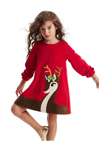 Denokids Baby Deer Girl Velvet Red Christmas Dress