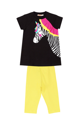 Denokids Zebracorn Siyah Sarı Fırfılı Kız Çocuk Yazlık T-Shirt Tunik Tayt Takım