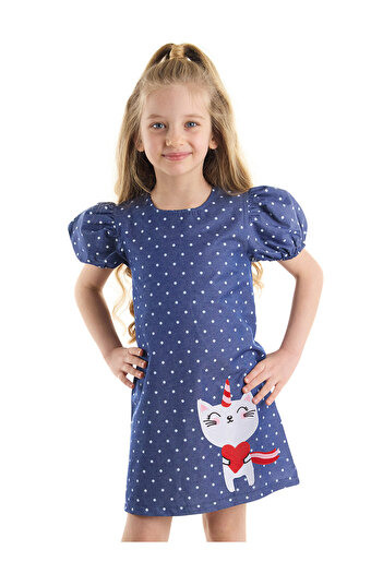 Denokids Kedicorn Girl's Navy Blue Polka Dot Summer Dress