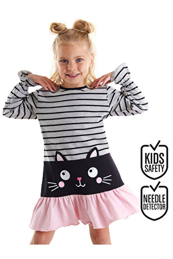 Denokids Girl's Gray Winter Dress - Black Cat Striped