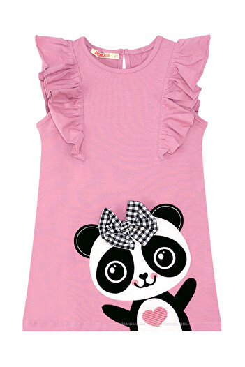 Denokids Panda Fırfır Detaylı Kız Çocuk Pembe Yazlık Elbise