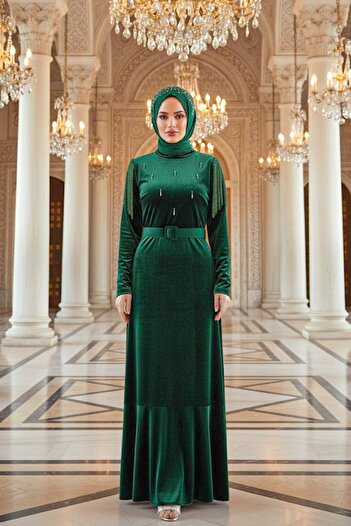 Neva Style Buckle Belted Emerald Green Hijab Velvet Dress 3748Zy