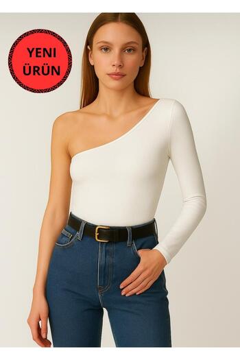 glanour White One Shoulder Open Long Sleeve Ribbed Cotton Blouse