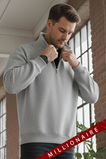 Millionaire Men's Gray Turtleneck 3 Thread Fleece Inside Ribbed Oversize Sweatshirt