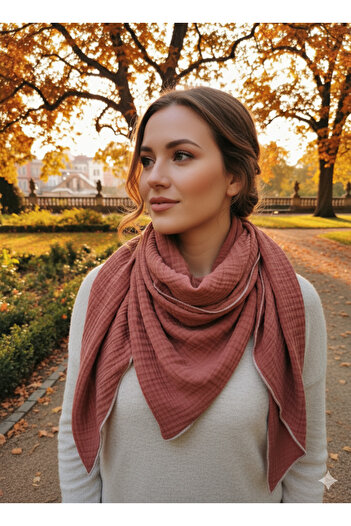 Mufincollection 100% Cotton Muslin Cinnamon Color Neck Scarf - Scarf - 125 Cm, 4 Layers Soft Texture, Triangle Shape
