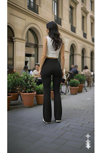 ECEYLÜL MODA KADIN SİYAH SCUBA KREP ÖNÜ ÇIMALI YÜKSEK BEL İSPANYOL PAÇA PANTOLON(kısa süreligine lansman fiyatı)