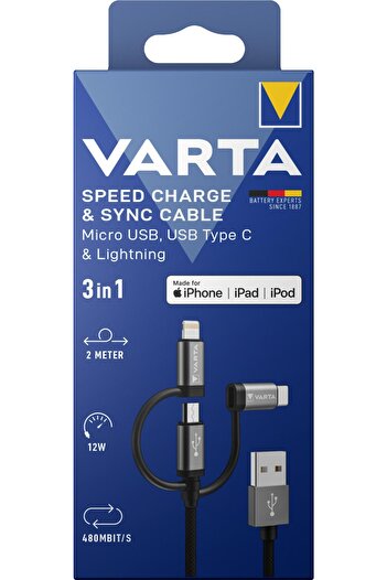 Varta Fast Charging and Data Cable 3 in 1 USB A–Light/Micro/Type C