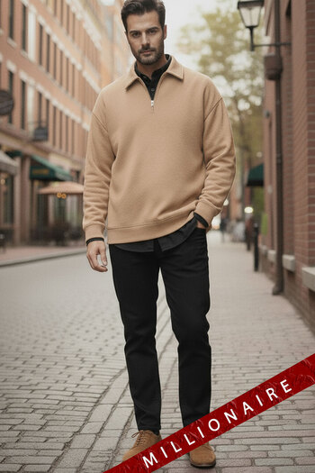 Millionaire Men's Camel Half Zipper Polo Collar 3 Thread Fleece Ribbed Oversize Sweatshirt