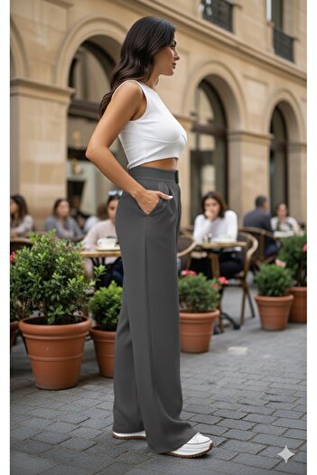 ECEYLÜL MODA Scuba Creepy Front-Plied Palazzo Pants with Belly-Fastening with a Snap Closure (Short-Term Launch Price)