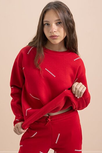 Cansın Mini Red Girl's Patterned 3 Thread Ribbed Wide Leg Tracksuit Set 22645