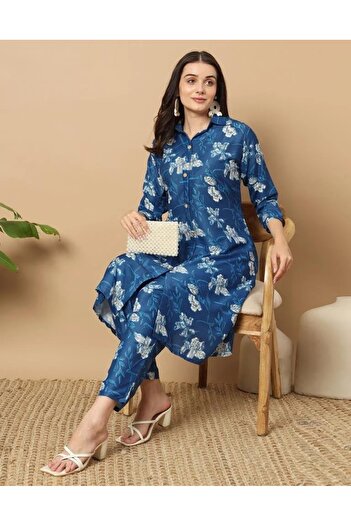iza Blue Cotton Printed Co-ord Set