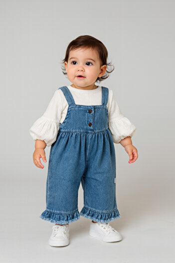 Jammybaby Palazzo Jean Denim Salopet Jumpsuit 100% Cotton Lycra Ribbed Balloon Blouse Luxury Tassels Baby Girl Set
