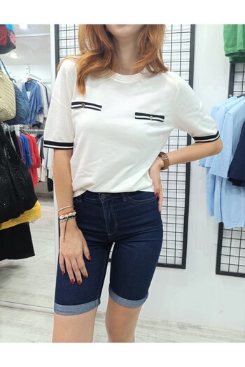 Butik Şans Jm Pocket Cover Detailed Striped Short Sleeve Knitwear Blouse