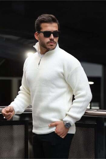 Valiberta Nolan Oversize Thessaloniki Knit Half-Zip Men's Knitwear Sweater - Ecru
