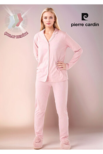 Pierre Cardin Kadın Giyim Pamuklu Modal Uzun Kollu Gömlek Pijama Takımı (2 Adet Hediye Çorap) OL.PC.7717.001