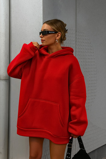 GUARAZ Κόκκινο Unisex Φούτερ με κουκούλα με μαλακό ύφασμα Oversize Fit με φλις εσωτερικά