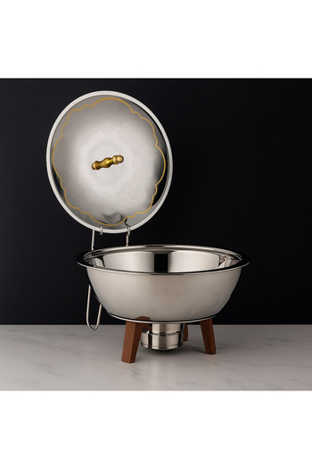 Dania 7L Stainless Steel Buffet Warmer with Burner Holder and Wooden Legs - Luxury Design and Functionality