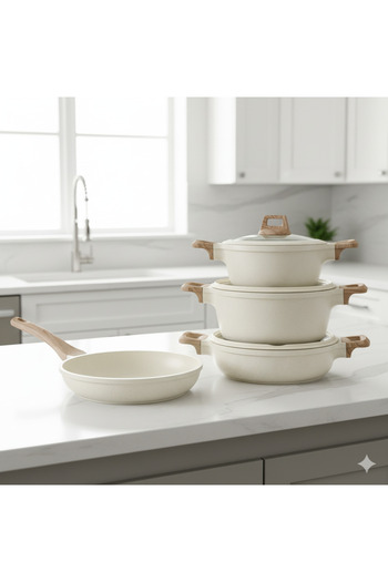Top Chef 7-Piece Cookware Set Aluminum Pots And Pans Non-Stick Surface Wood Finish Handles Tempered