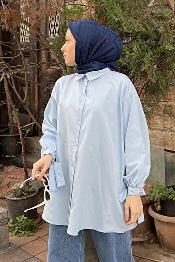 lamelif Kol Detaylı Gömlek Oversize Gömlek Bebe Mavisi
