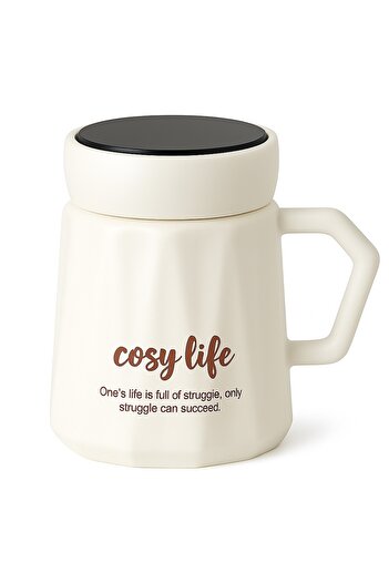 PUFO Grateful ceramic mug with lid for coffee or tea, 350 ml, white