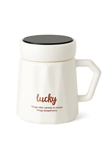 PUFO Inspire ceramic mug with lid for coffee or tea, 350 ml, white