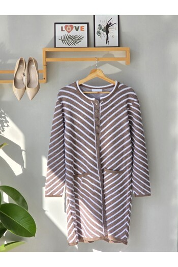 ENDAMIM Striped 3 Button Long Plus Size Knit Cardigan