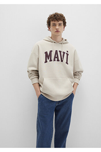 Mavi Logo Printed Hooded Beige Sweatshirt 067149-70004
