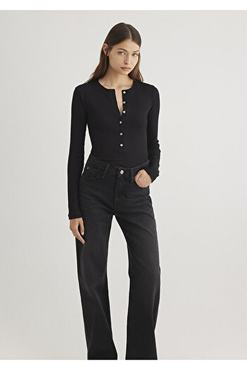 Mavi Long Sleeve Button Detail Black T-Shirt Fitted / Body Fitted Cutout 1612886 -900