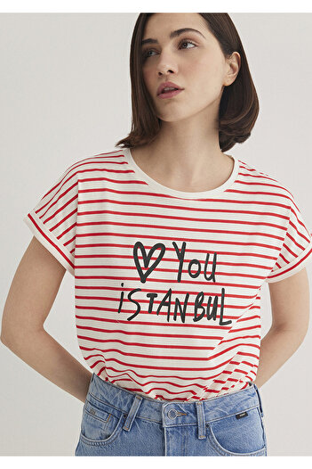 Mavi Tricou Istanbul cu dungi cu imprimeu Love You Regular Fit 167986 -26829