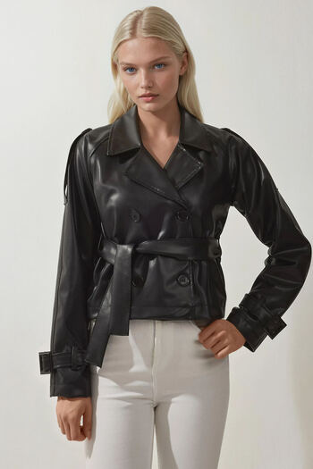 Hiccup Bdart Belted Two Button Faux Leather Jacket