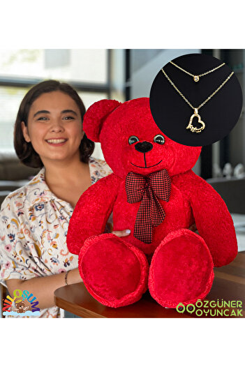 NİLOŞUM Özgüneroyuncak Gift Set for Loved Ones – 90 cm Plush Teddy Bear & 24 Carat Gold Plated Necklace