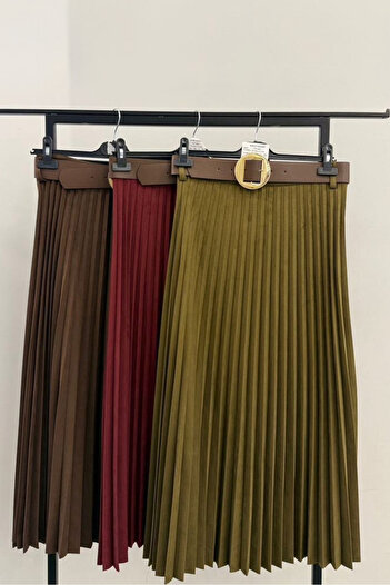 Madmext Khaki Pleated Belted Long Suede Women's Skirt Mg2576