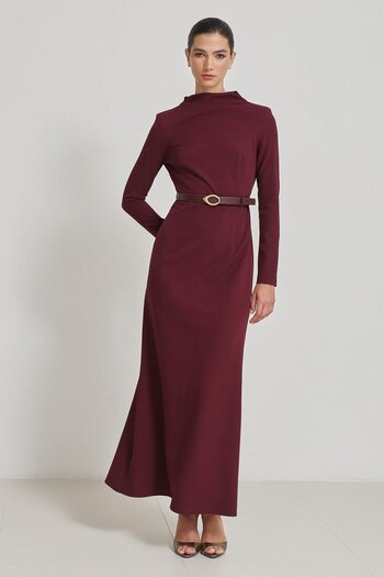Setre Burgundy Full-Fit Dress with Waist Belt Detail