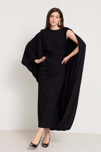 Setre Black Full-Fit Dress with Gathered Waist and Shoulder and Accessory Detailing