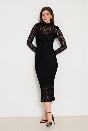 Setre Black Lace Detailed Long Sleeve Full Fit Midi Length Dress