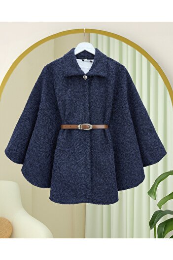 Modamorfo Single Button Belted Bearded Poncho - Navy
