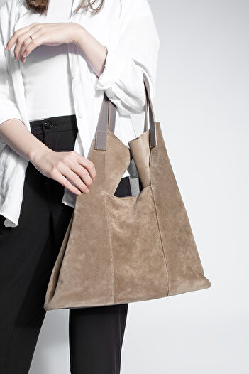 Marjin Women's Genuine Leather Shopper Bag with Inner Bag, Button Closure Shoulder Bag, Filun Mink Suede